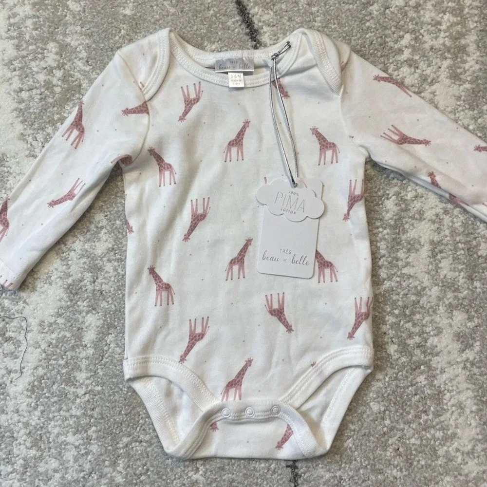 Tres Beau et Belle Pima Cotton Giraffe Bodysuit Long Sleeve Pink White‎ 3-6M NWT